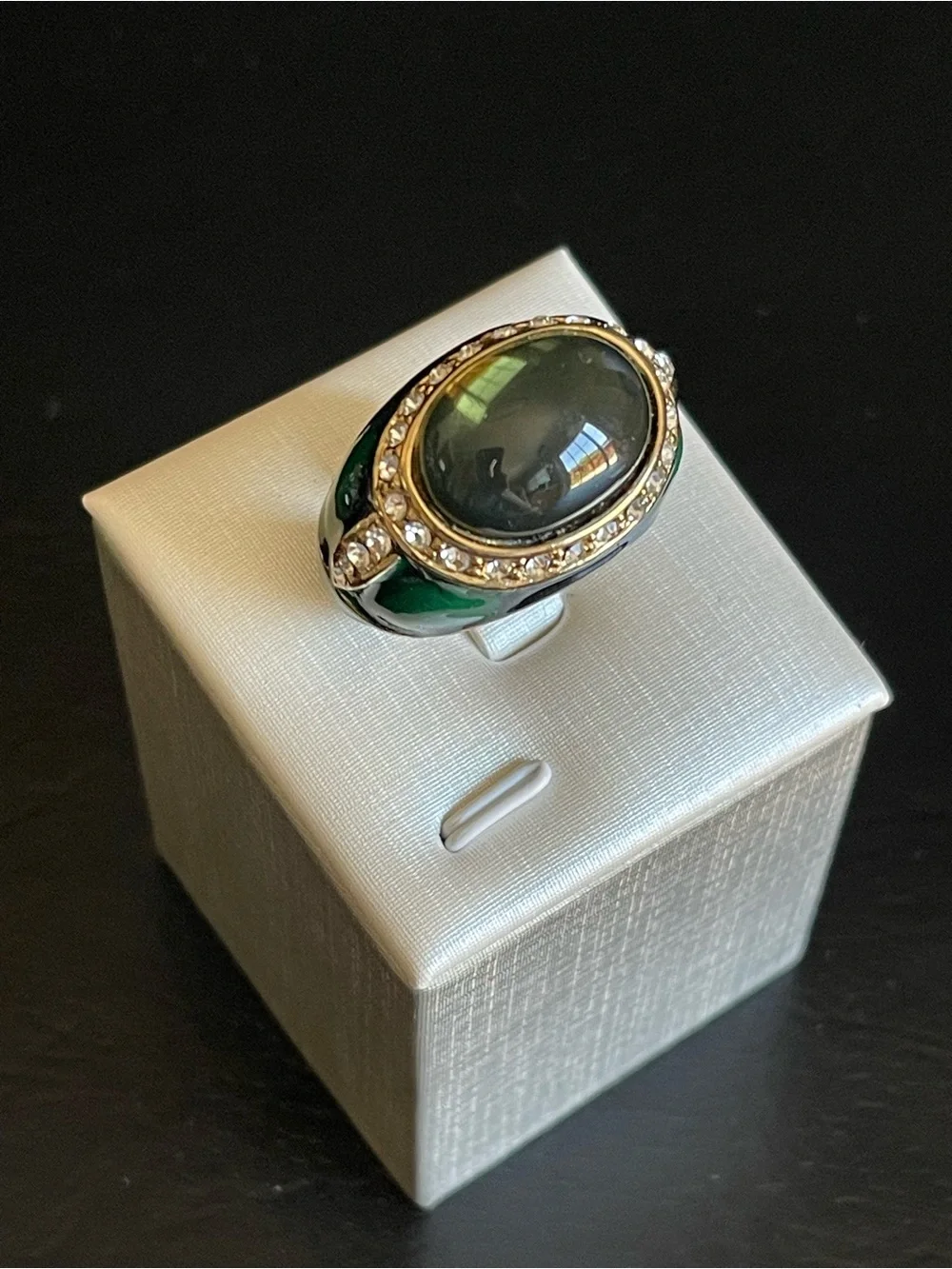 Vintage Green cabochon & green enamel Statement Ring with Crystal Halo.